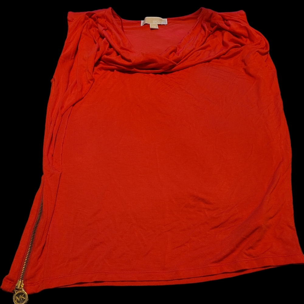 Orange Micheal Kors sleeveless cowl neck blouse with gathers on sleeve.